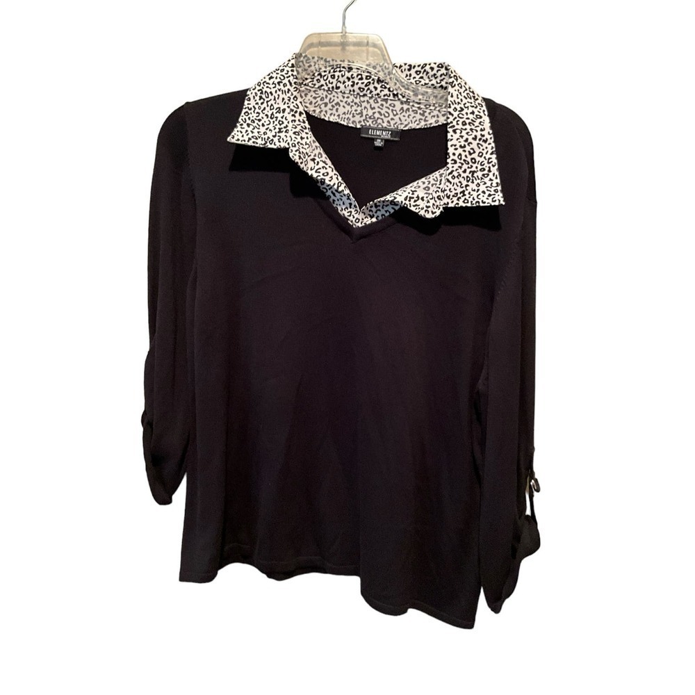 Elementz  Blouse Top Women Size 3X Black Long Sleeve Collared‎ Polyester Stretch